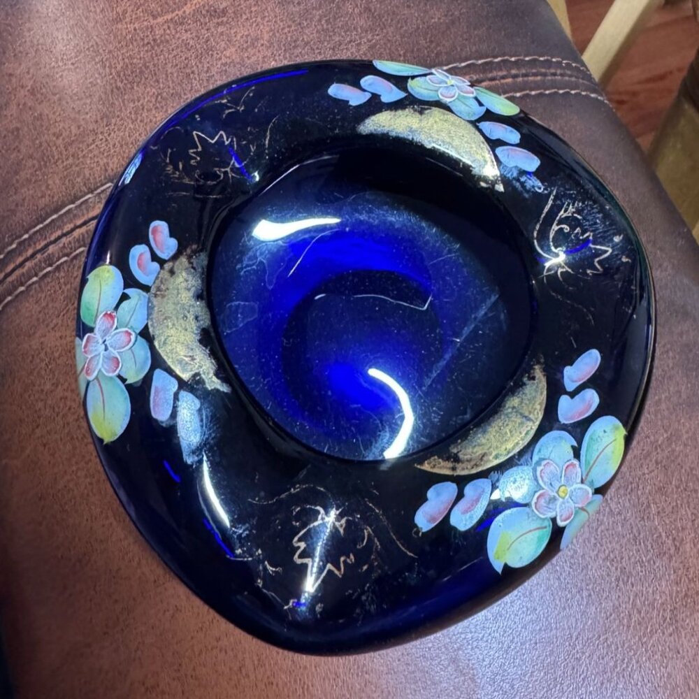 Vintage Kreiss Hand Painted Cobalt Blue Glass Rose Bowl #2